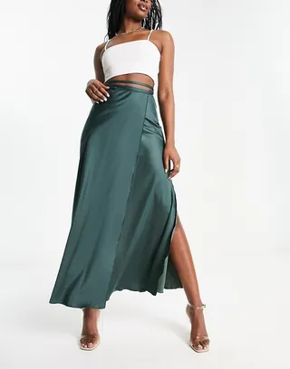 Weekday Jolie satin wrap midi skirt in dark gray