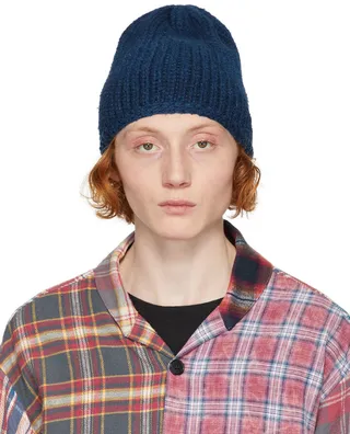 Greg Lauren Navy Rib Knit Beanie