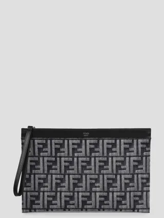 Fendi flat pouch in blue denim with jacquard FF motif.