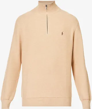 ens Camel elange Funnel-neck Quarter-zip Cotton-knit Jumper