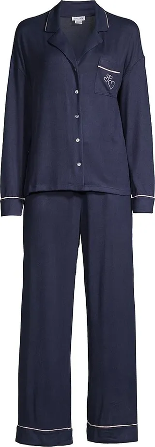 Heart-Embroidered Two-Piece Pajama Set