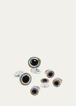 Men's Swarovski Crystals & Onyx Round Cufflink & Stud Set