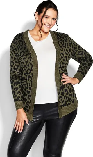 AVENUE | Women's Plus Size Longline Print Cardigan - olive - 20W