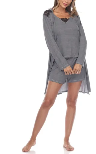 Women's 3 Piece Striped Pajama Robe Set