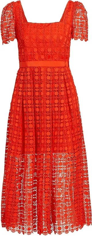 Short-Sleeve Petal Lace Midi-Dress