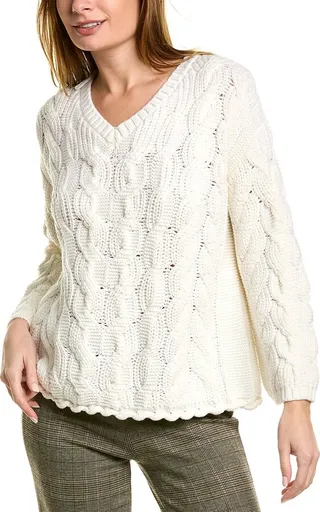 Lafayette 148 New York V-Neck Cabled Wool Sweater