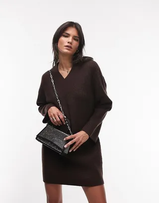 Topshop knitted v neck mini dress in chocolate