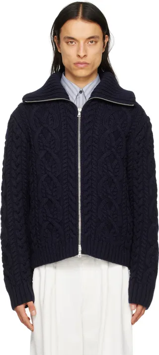 Dries Van Noten Navy Cable Zip Sweater