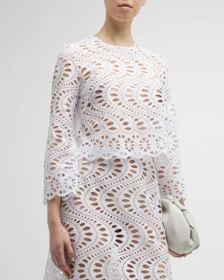Wavy Eyelet Embroidered Crop T-Shirt