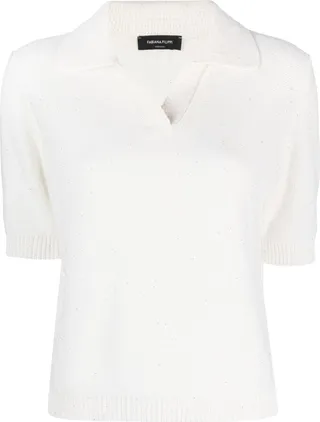 Sequin-Embellished Knitted Polo Top
