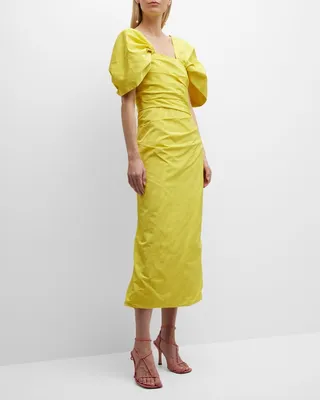 Draped Puff-Sleeve Moire Faille Tea-Length Gown
