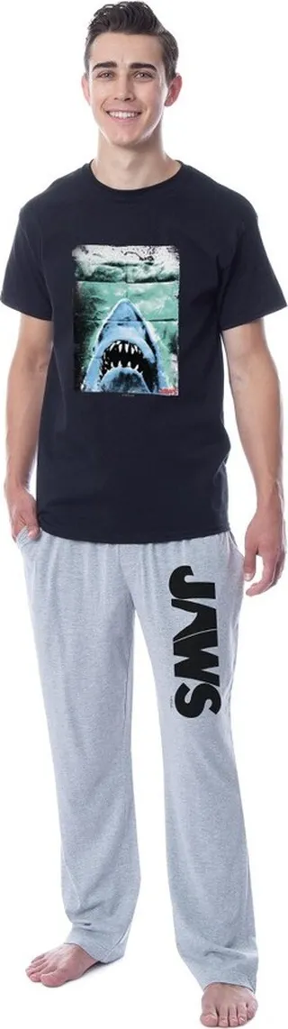 Jaws Mens' Classic Film Movie Title Logo Distressed Sleep Pajama Set (XXX-Large) Multicolored