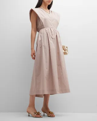 Beaded V-Neck Poplin Midi Dress