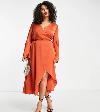 ASOS DESIGN Curve bias cut satin wrap dress with tie waist in ginger