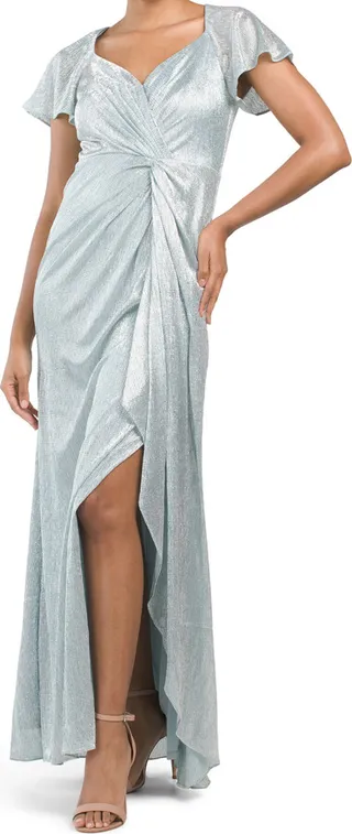 Metallic Flutter Sleeve Gown With Drape Front