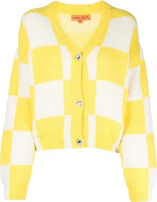 checkerboard-knit V-neck cardigan