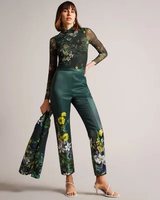 High Rise Cropped Botanical Trousers in Dark Green