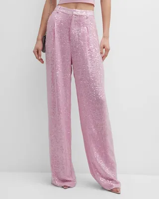 Sequin Pleated Wide-Leg Pants
