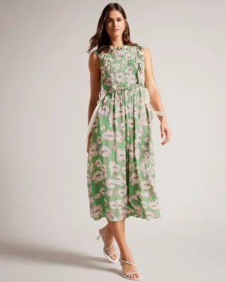 Sleeveless Frilled Midi Dress in Green