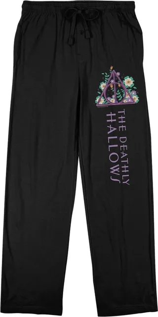 Harry Potter Deathly Hallows Floral Logo Men’s Black Drawstring Sleep Pants-XL