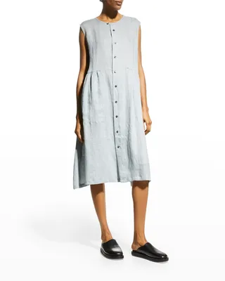Sleeveless Pleated-Panel Linen Shirtdress