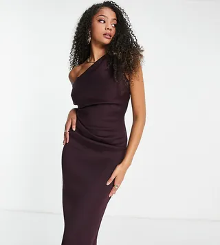 ASOS DESIGN Tall fallen shoulder pleat back midi dress in aubergine