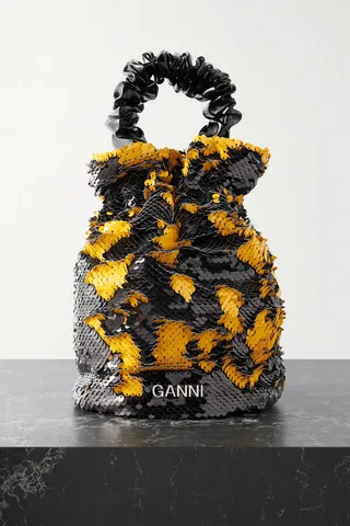 GANNI - Ruched Faux Leather-trimmed Sequined Tote - Black