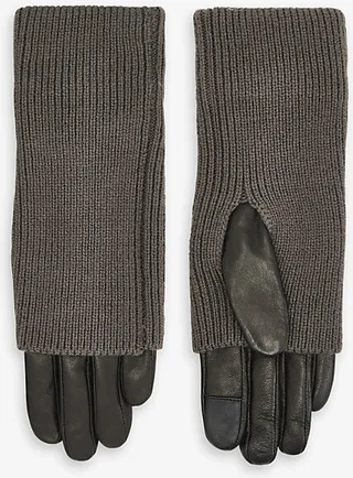 Womens Charcoal Grey Zoya Cuff-detail Leather and Knitted Gloves