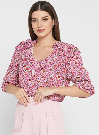 Balloon Sleeve Floral Print Ruffle Detail Top