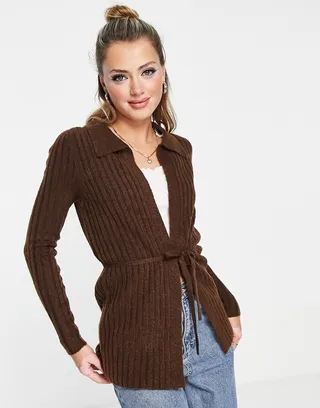 ASOS DESIGN cardigan with collar and tie detail in brown