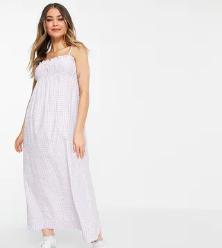 Stradivarius strappy shirred midi dress in lilac gingham
