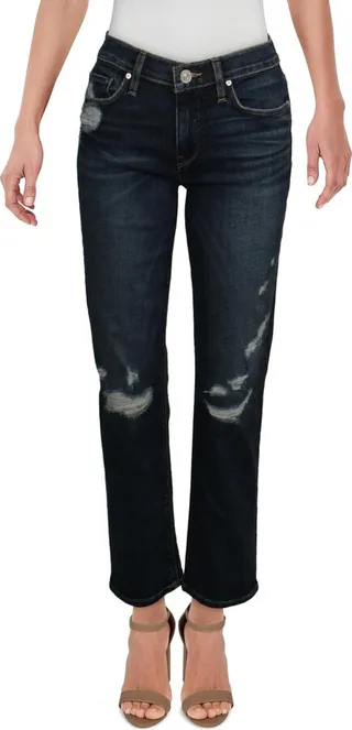 Womens Mid-Rise Distressed Straight Crop Jeans