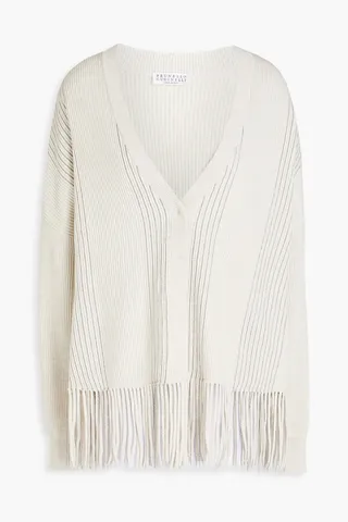 Bead-embellished ribbed cotton cardigan