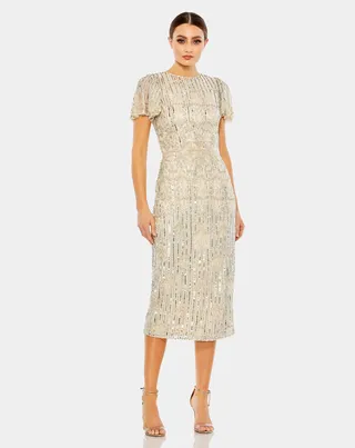 Embellished Flutter Sleeve High Neck Dress