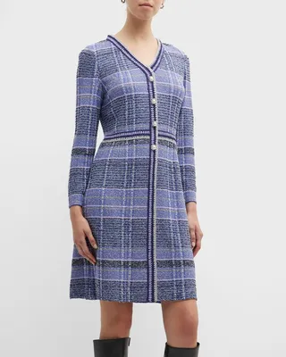 Crochet-Trim Button-Down Tweed Dress