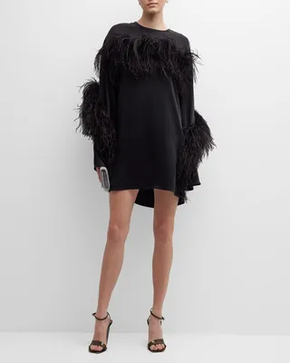Spiral Feather-Trim Satin Mini Shift Dress