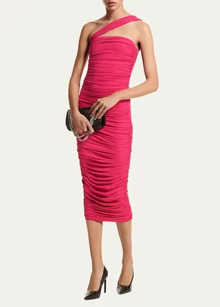 One-Shoulder Ruched Jersey Midi Dress