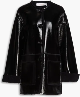 Glossed-leather and shearling coat