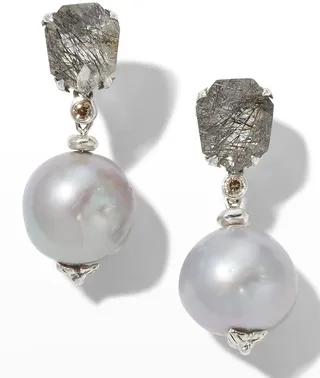 Black Hair Rutilated Quartz and Baroque Pearl Drop Earrings