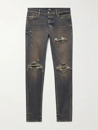 MX1 Skinny-Fit Checked Flannel-Panelled Distressed Jeans