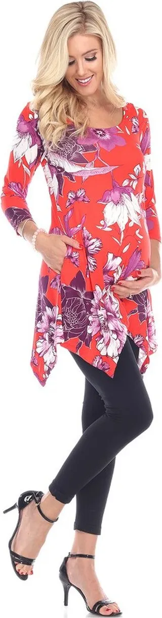 Maternity Floral Scoop Neck Tunic Top with Pockets Red Large - White Mark