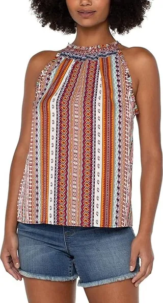 Liverpool Sleeveless Halter Top with Ruffles (Carousel Stripe Print) Women's Clothing