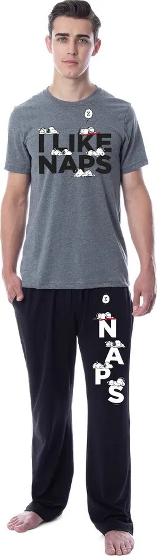 Peanuts Mens' Snoopy I Like Naps Character Sleep Pajama Set Shirt Pants (XL) Multicolored