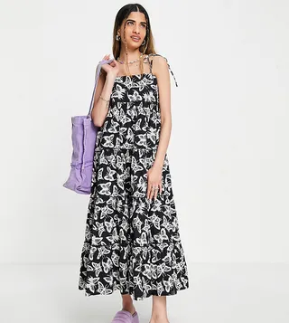 COLLUSION tiered midi cami dress in black butterfly print