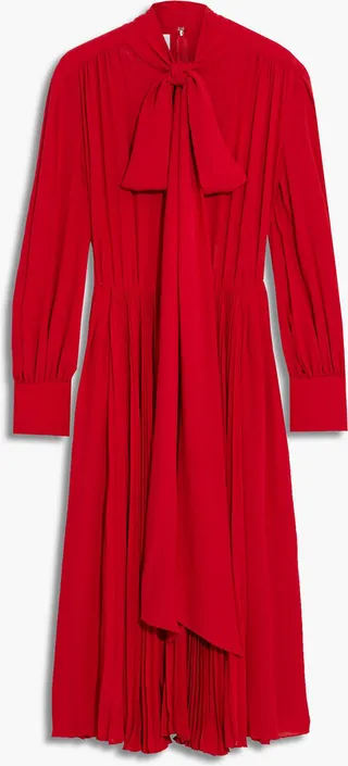 Pussy-bow pleated silk crepe de chine dress
