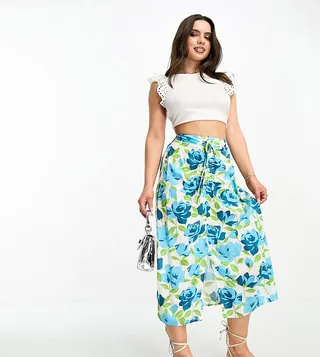 Miss Selfridge Petite ruched front midi skirt in oversized blue rose