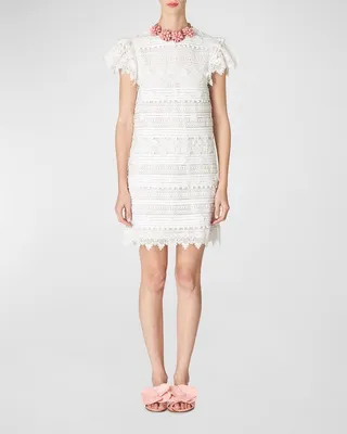 Embroidered Mini Shift Dress with Ruffle Sleeves
