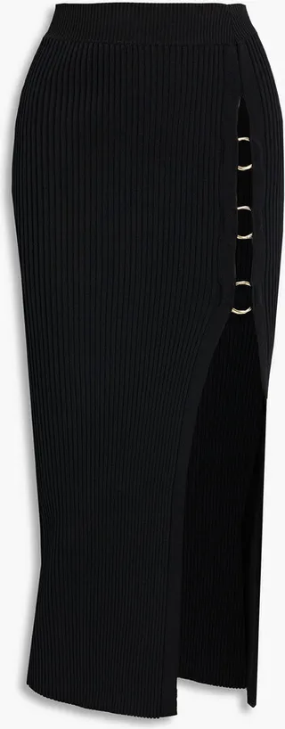 Janella embellished ribbed-knit midi skirt
