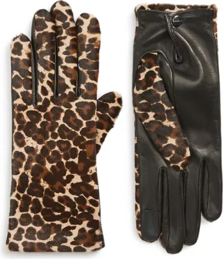 Leopard Print Genuine Calf Hair & Lambskin Leather Gloves