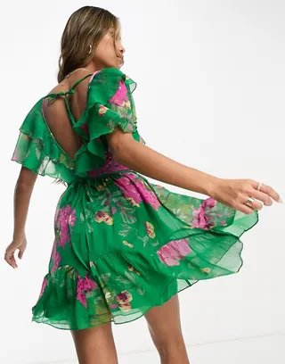 ASOS DESIGN v front v back ruffle mini dress with flutter sleeve and tie belt in green floral print